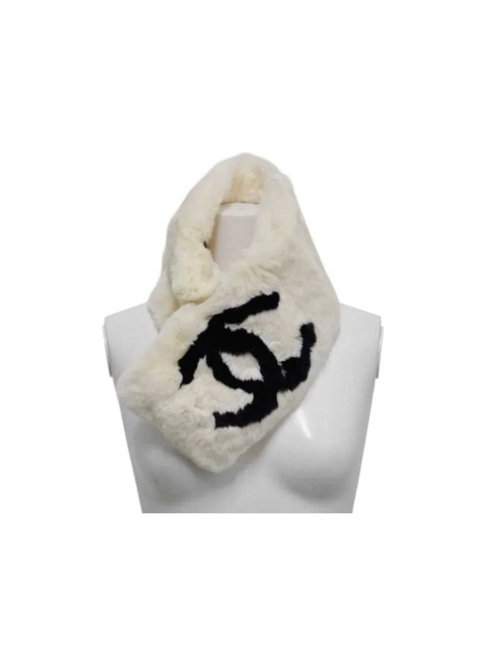 Chanel Big CC Logo Rabbit Neck Warmer Scarf Black White